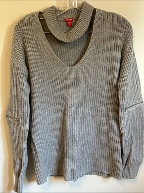 GUESS Gray Chunky V-Neck Sweater with Mock Collar